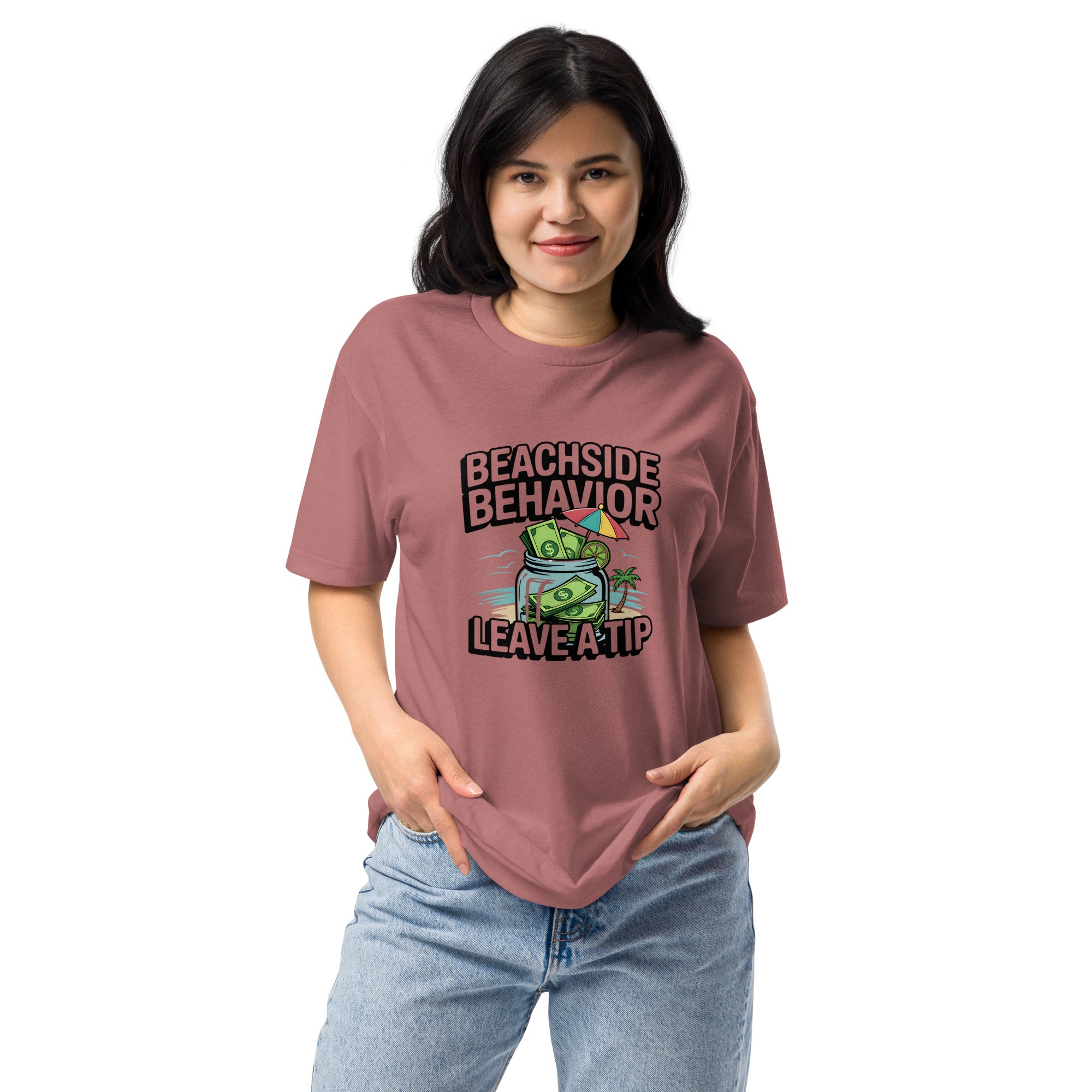 Beachside Behavior 'Leave a Tip' funny bartender graphic tee in Heather Mauve, front view