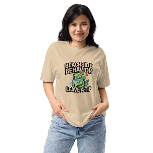 Beachside Behavior 'Leave a Tip' funny bartender graphic tee in Heather Tan, front view