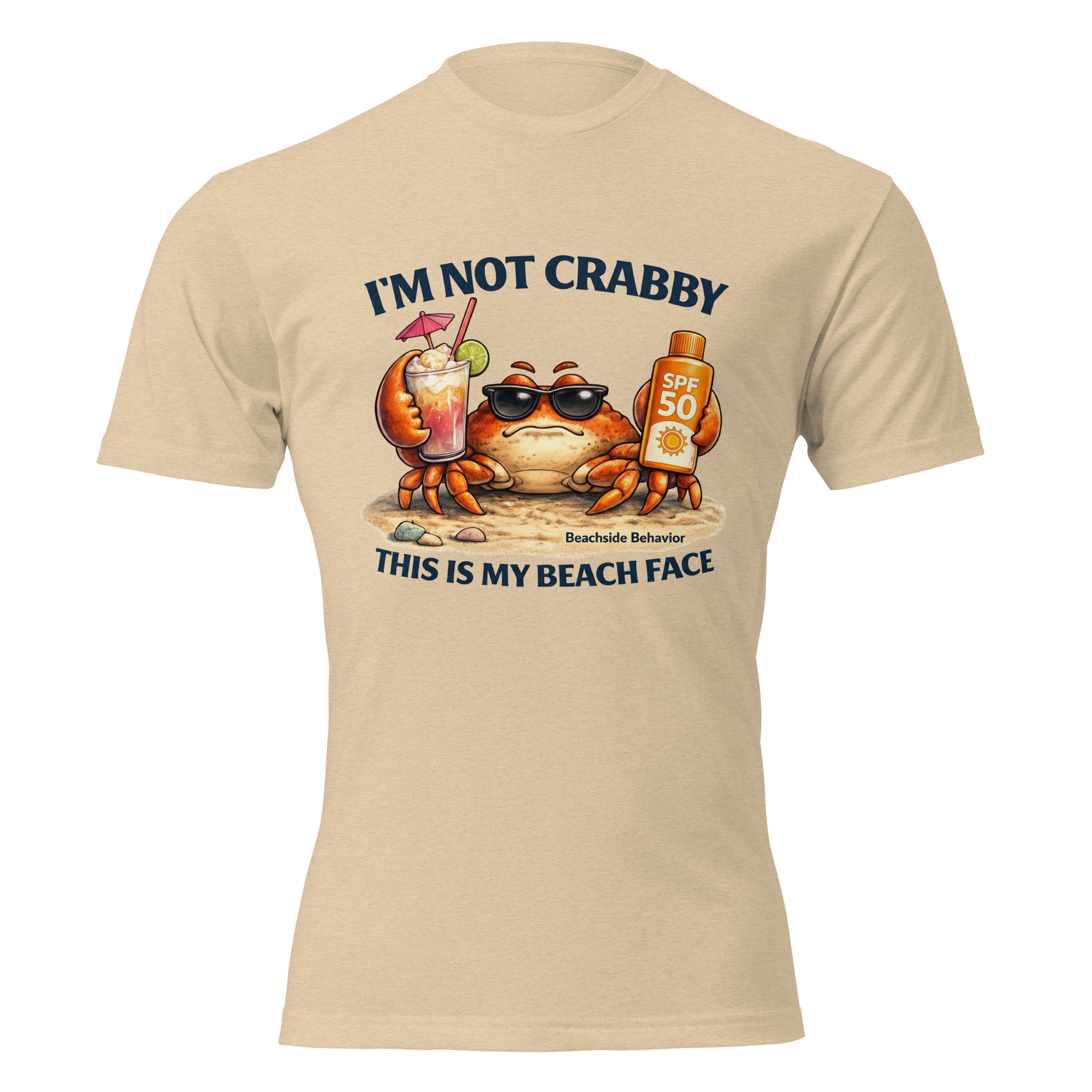 Beachside Behavior 'Not Crabby' funny crab graphic tee in Heather Tan, front view