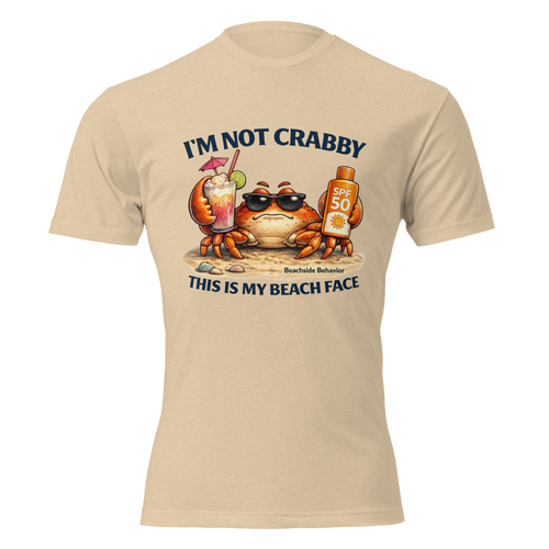 Beachside Behavior 'Not Crabby' funny crab graphic tee in Heather Tan, front view
