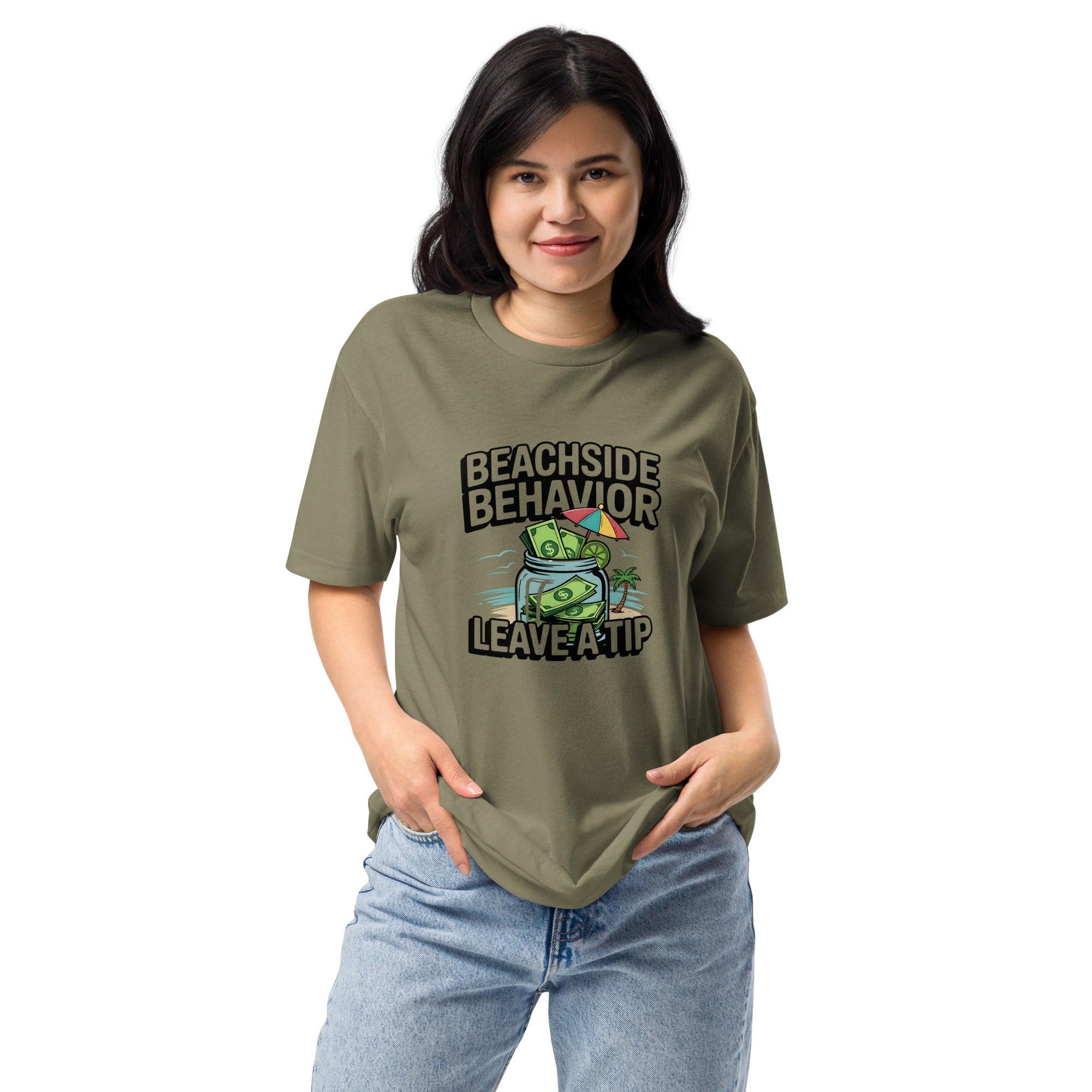Beachside Behavior 'Leave a Tip' funny bartender graphic tee in Military Green, front view
