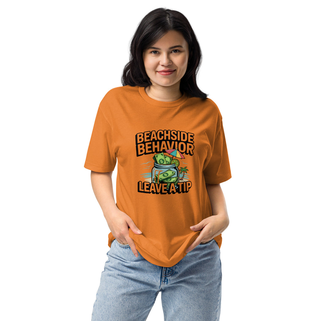 Beachside Behavior 'Leave a Tip' funny bartender graphic tee in Orange, front view