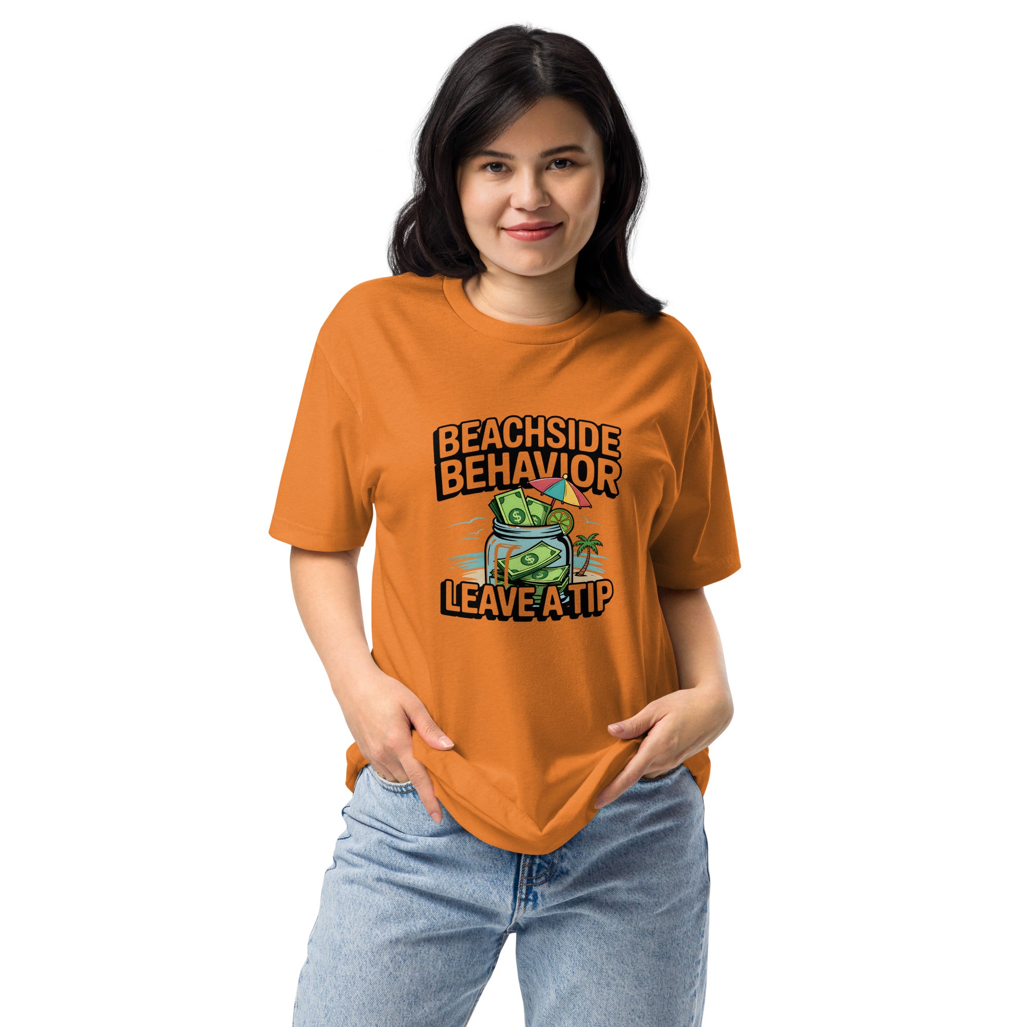 Beachside Behavior 'Leave a Tip' funny bartender graphic tee in Orange, front view