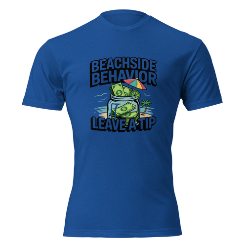 Beachside Behavior 'Leave a Tip' funny bartender graphic tee in Royal Blue, front view
