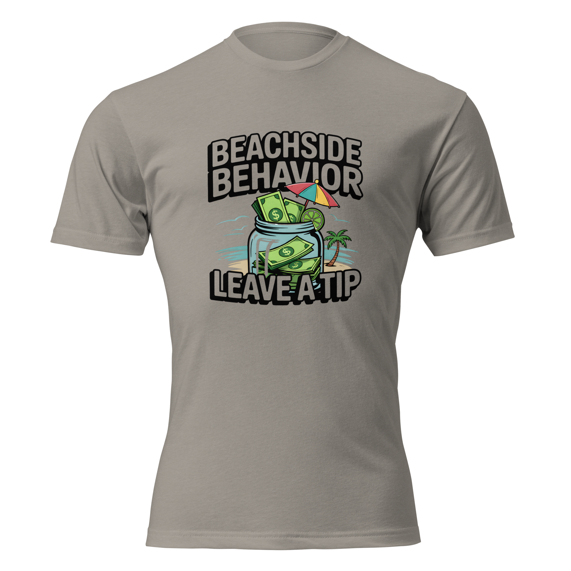 Beachside Behavior 'Leave a Tip' funny bartender graphic tee in Stone Grey, front view