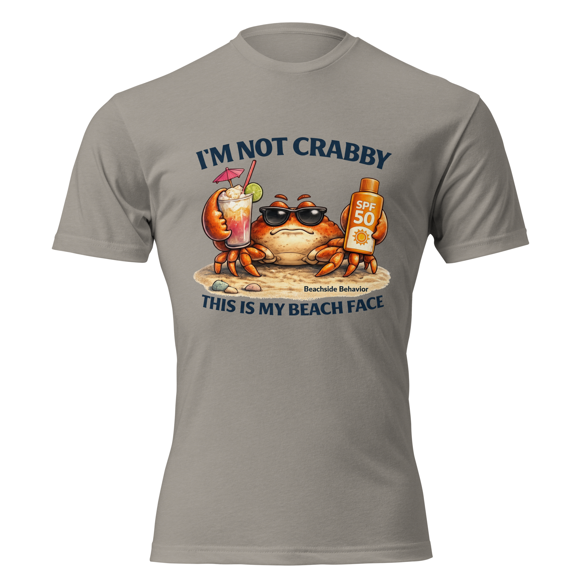 Beachside Behavior 'Not Crabby' funny crab graphic tee in Stone Grey, front view
