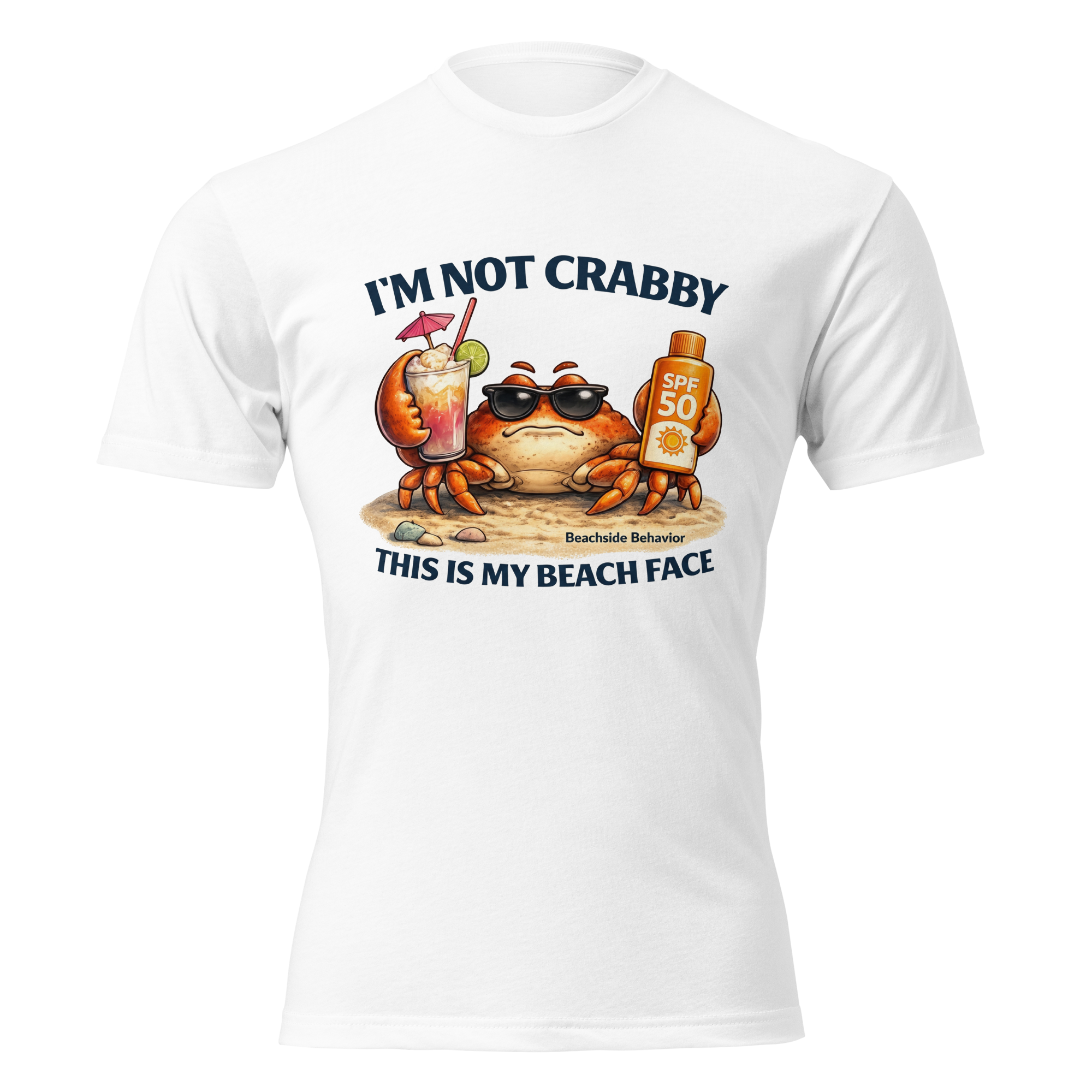 Beachside Behavior 'Not Crabby' funny crab graphic tee in White, front view