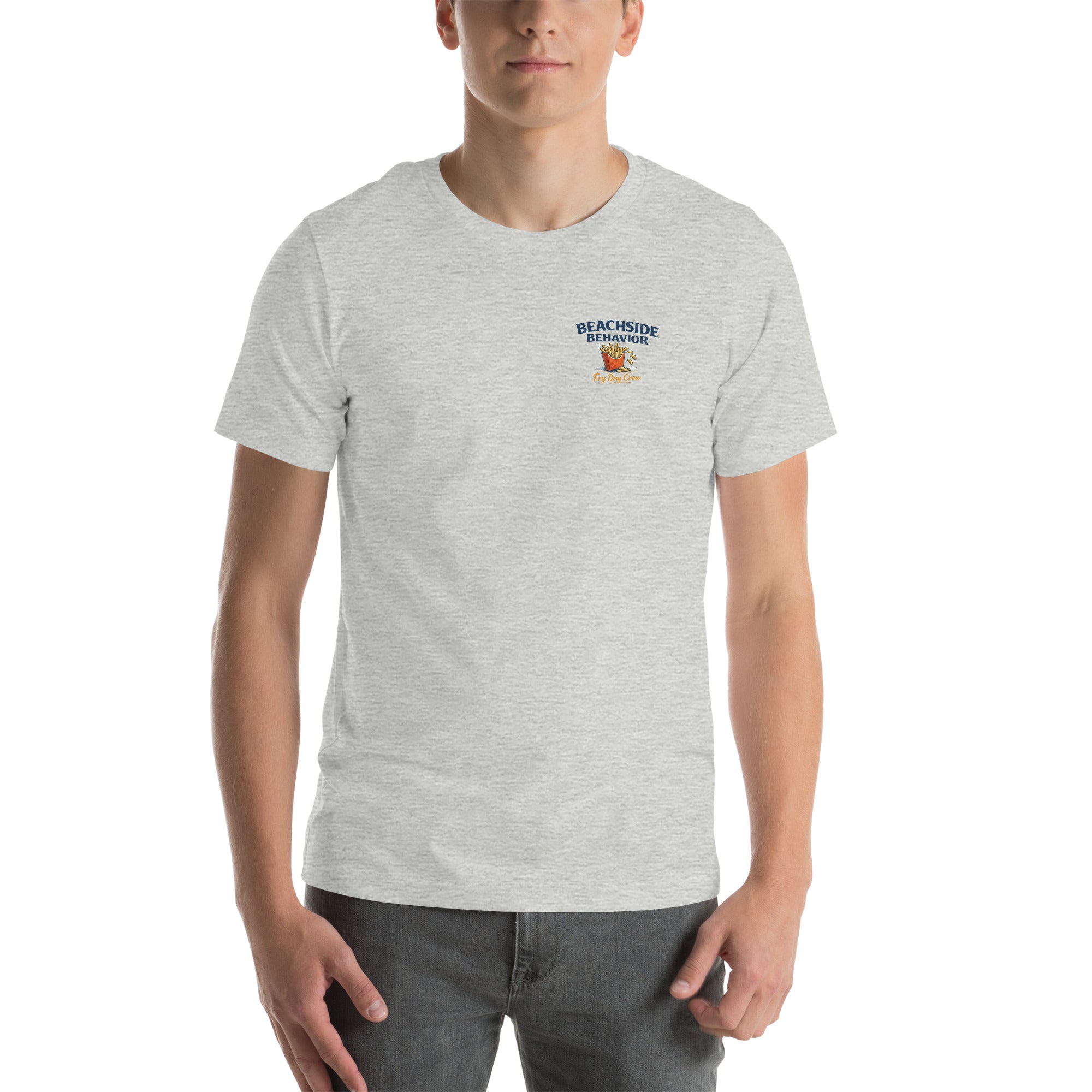 Beachside Behavior 'It's Fry Day Somewhere' funny seagull graphic tee in Athletic Heather, front view