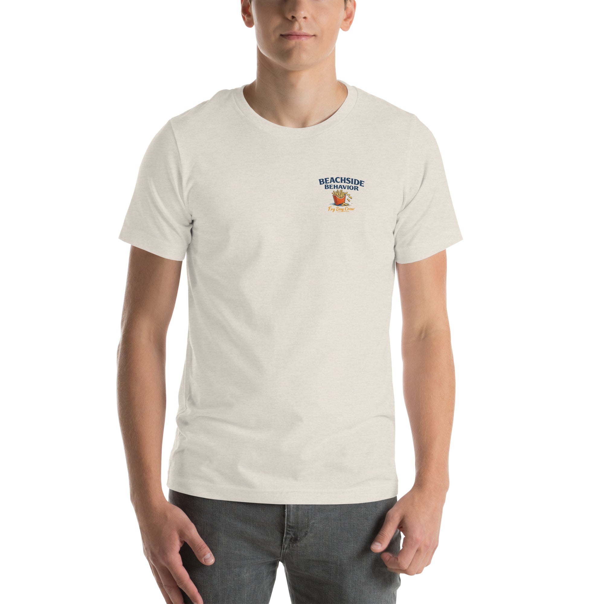 Beachside Behavior 'It's Fry Day Somewhere' funny seagull graphic tee in Heather Dust, front view