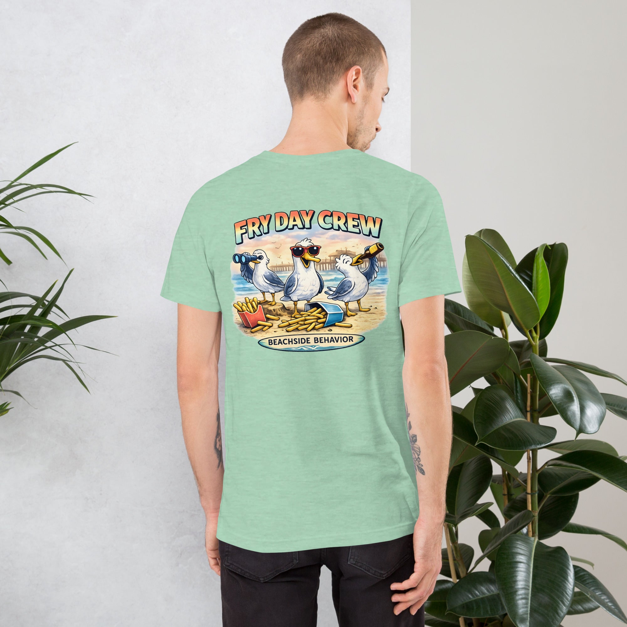 Beachside Behavior 'It's Fry Day Somewhere' tee in Heather Prism Mint green, clean front view