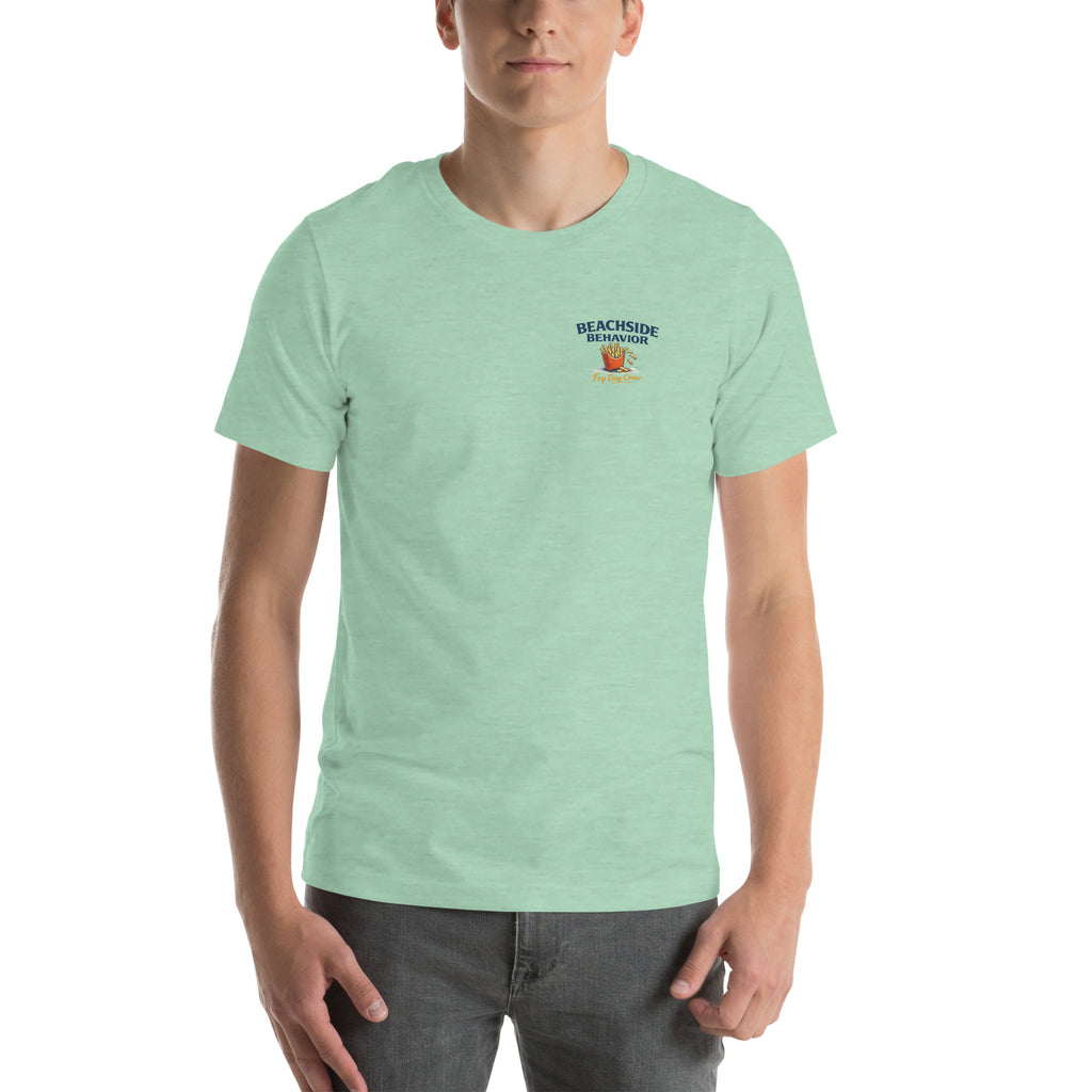 Beachside Behavior 'It's Fry Day Somewhere' tee in Heather Prism Mint green, back view showing Fry Day Crew design