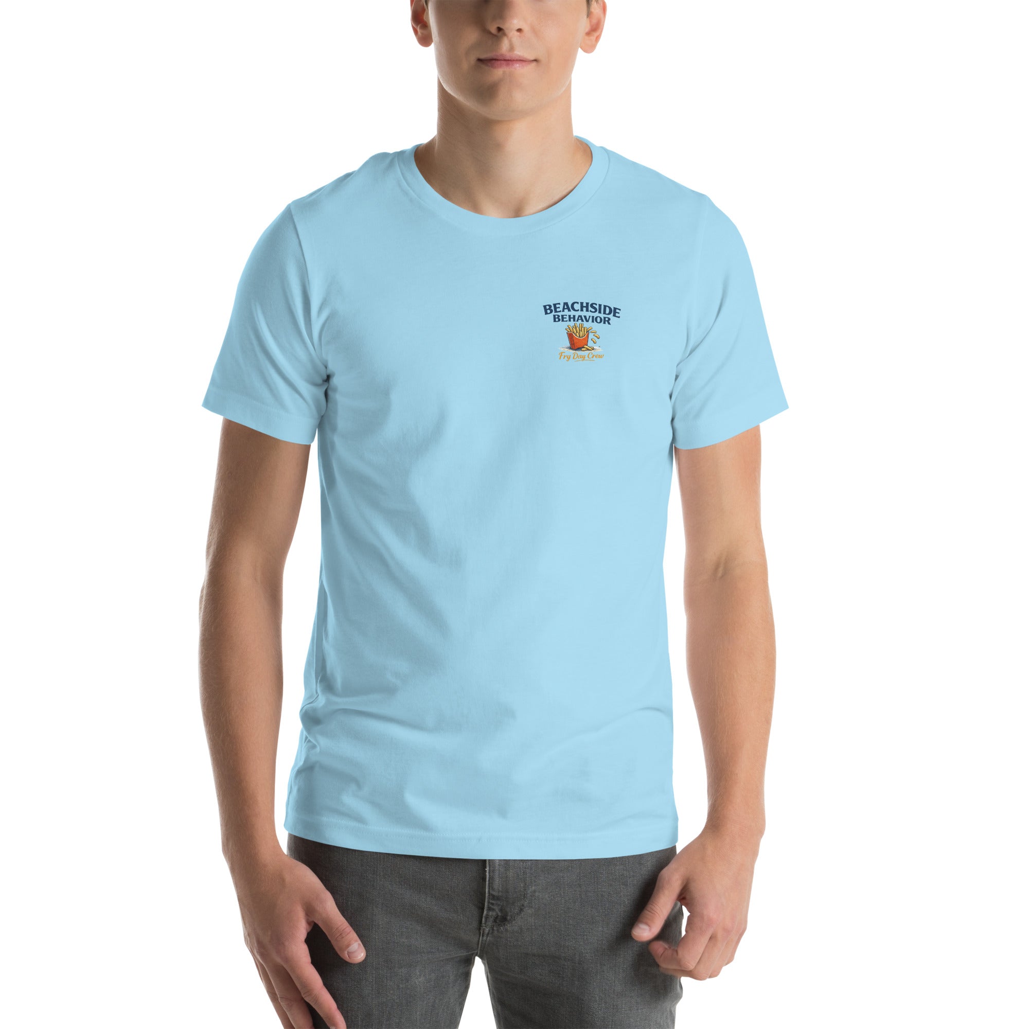 Beachside Behavior 'It's Fry Day Somewhere' funny seagull graphic tee in Ocean Blue, front view