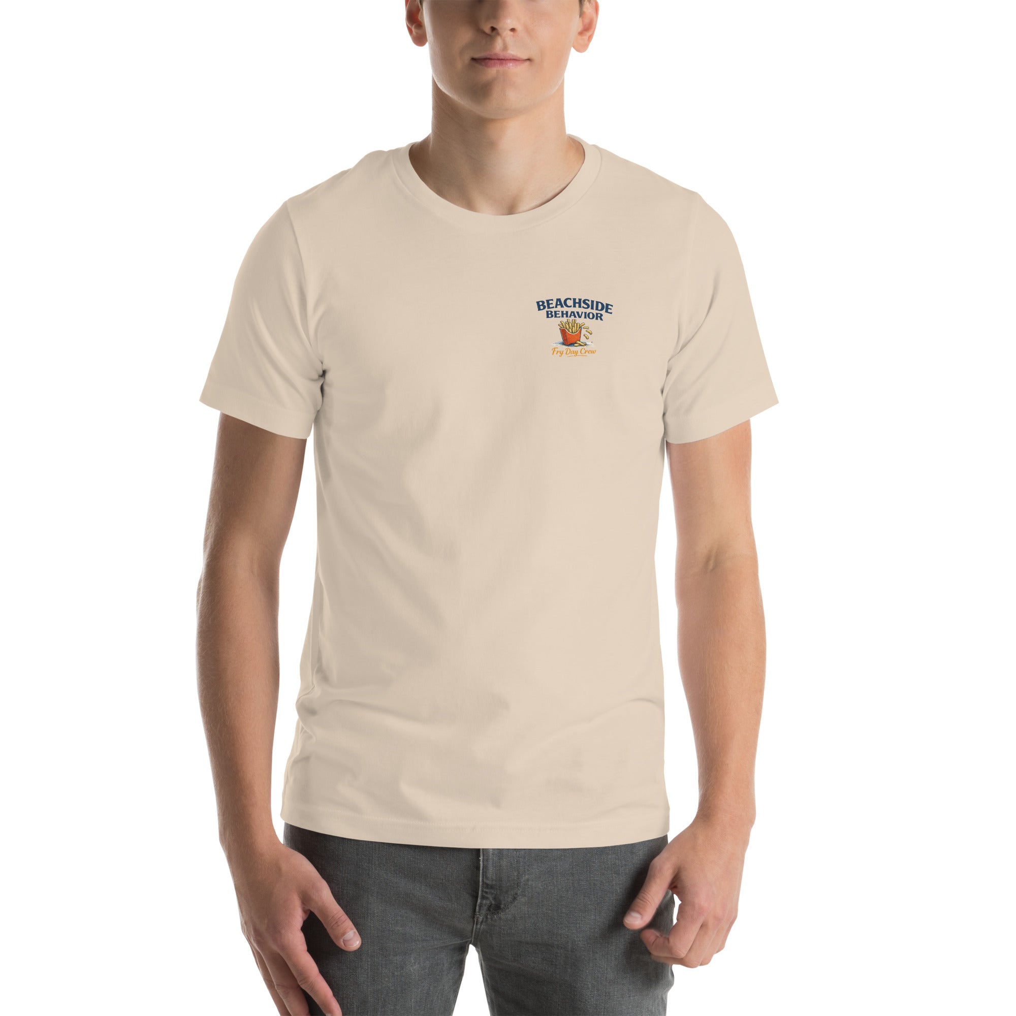 Beachside Behavior 'It's Fry Day Somewhere' funny seagull graphic tee in Soft Cream, front view