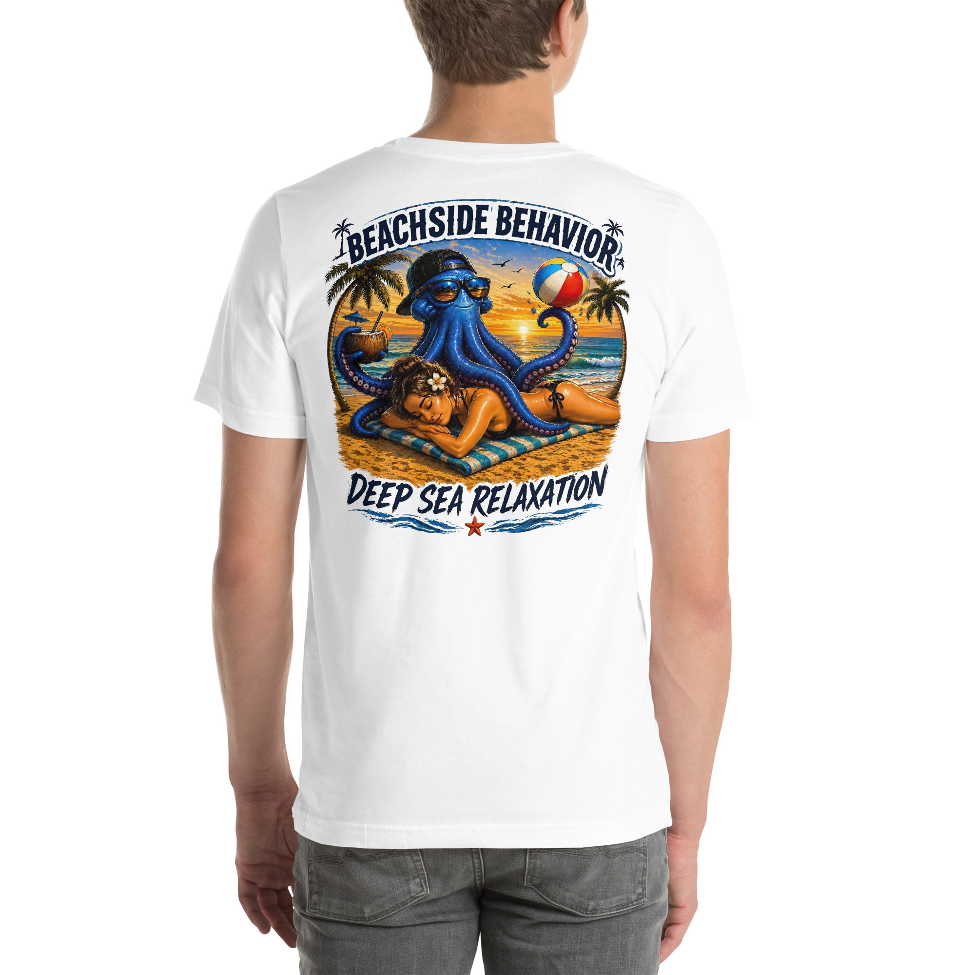 Beachside Behavior 'Relax Harder' octopus graphic tee in White, back view with Deep Sea Relaxation design
