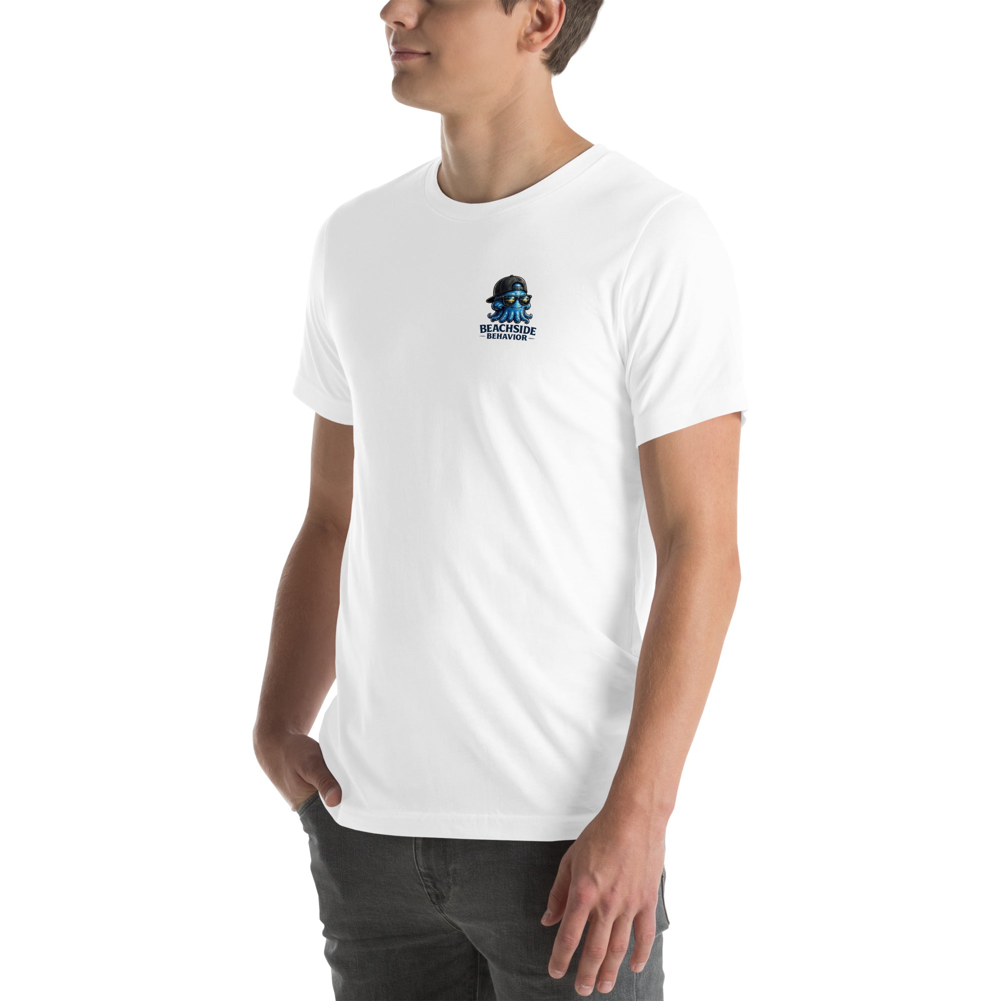 Beachside Behavior 'Relax Harder' tee in White, side angle view